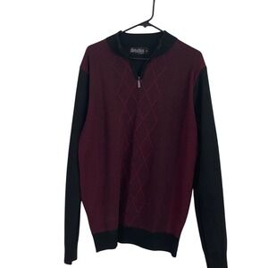 Studio Omega Sweater Mens XL Burgundy Black Argyle Quarter Zip Mock Neck Knit